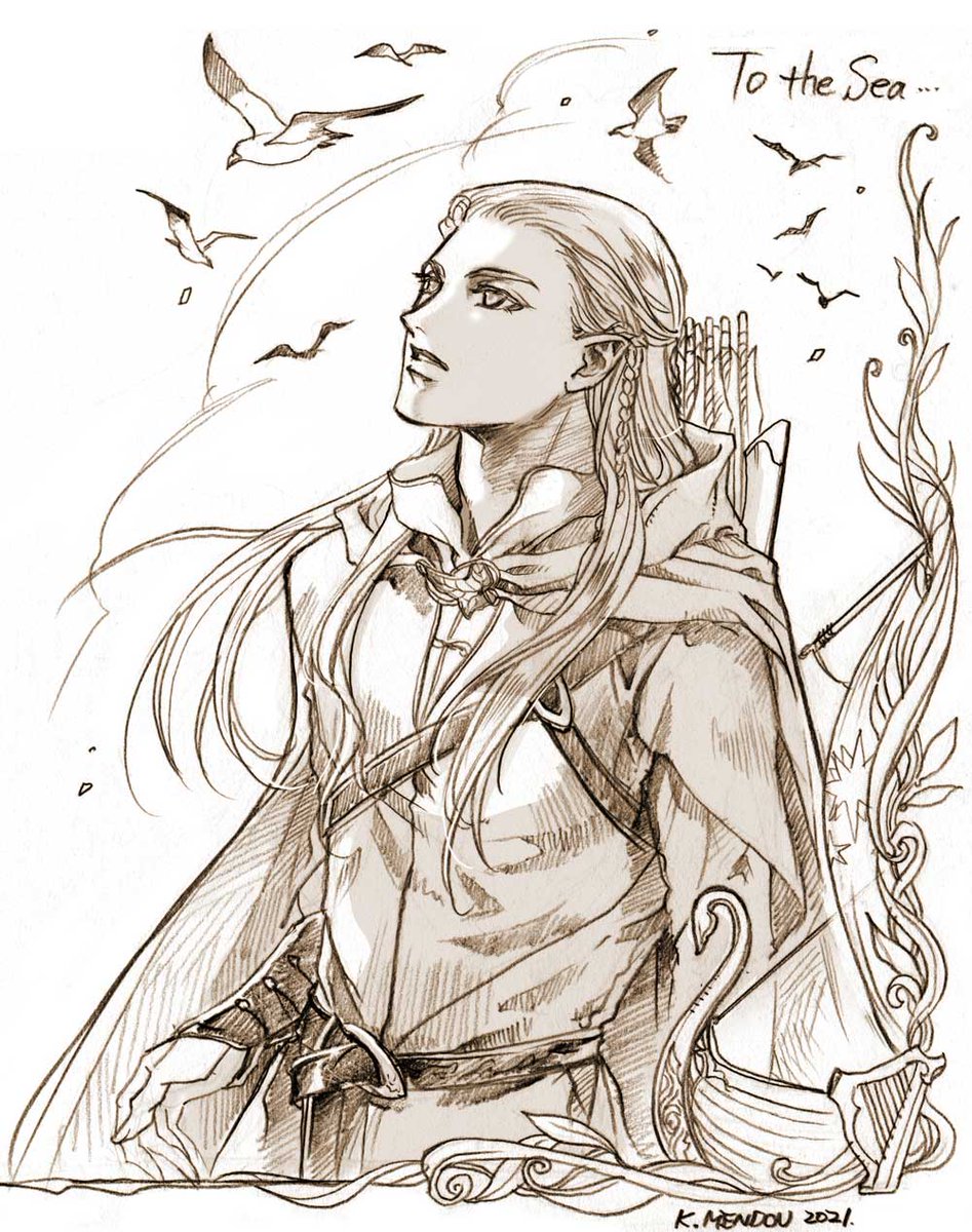 1boy arrow_(projectile) belt bird bracer braid cape commentary dated elf highres hood hood_down hooded_robe kazuki-mendou legendarium legolas long_hair male_focus monochrome parted_lips pointy_ears quiver robe seagull sepia signature solo the_lord_of_the_rings