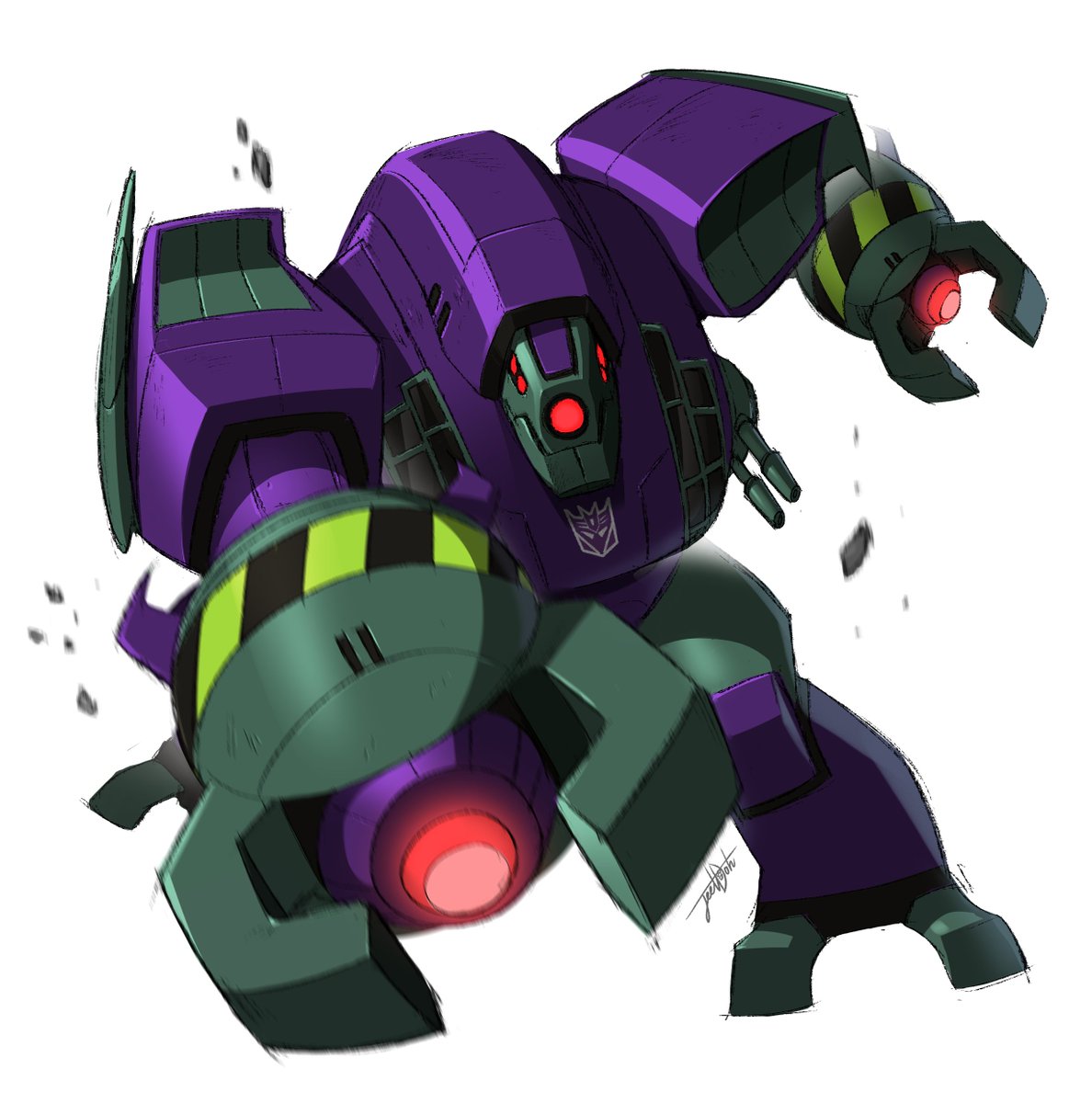 1boy decepticon glowing highres jeetdoh looking_ahead lugnut mecha no_humans one-eyed punching science_fiction signature solo transformers transformers_animated white_background