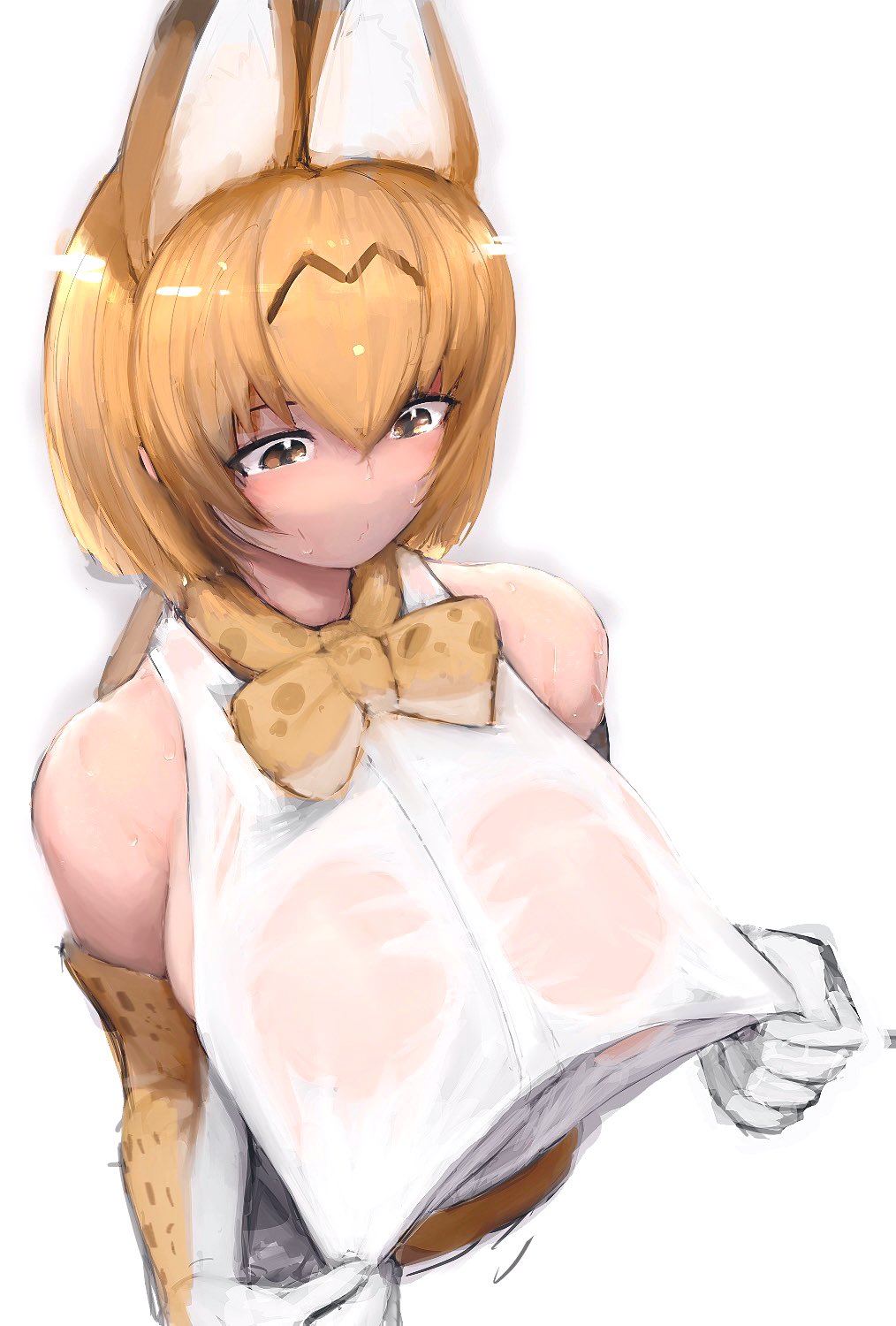 1girl :/ alternate_breast_size animal_ears animal_print bangs blonde_hair bow bowtie breasts brown_eyes brown_hair closed_mouth clothes_pull colored_inner_hair cropped_torso elbow_gloves extra_ears from_above gloves hair_between_eyes highres kemono_friends large_breasts looking_at_object multicolored_hair print_bow print_gloves pulled_by_self see-through serval_(kemono_friends) serval_ears serval_print shibori_kasu shirt shirt_pull sidelocks sketch sleeveless sleeveless_shirt solo two-tone_hair upper_body wet wet_clothes wet_shirt white_shirt