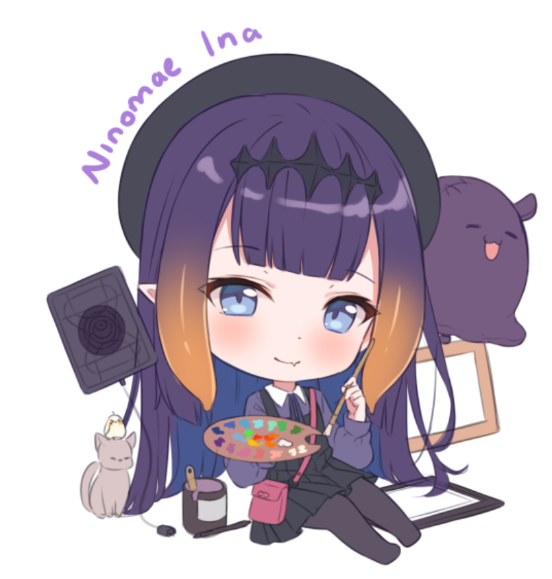 1girl animal ao-chan_(ninomae_ina'nis) bangs beret big_head bird black_dress black_headwear blue_eyes cat character_name charging_device chibi chick commentary drawing_tablet dress english_commentary english_text eyebrows_visible_through_hair fang hair_ornament hat headpiece hitsukuya holding holding_paintbrush holding_palette hololive hololive_english long_hair looking_at_viewer ninomae_ina'nis official_alternate_costume orange_hair paint_can paintbrush palette pantyhose pink_bag pointy_ears purple_hair purple_legwear purple_shirt shirt simple_background sitting skin_fang smile stylus tablet_pc tako_(ninomae_ina'nis) tentacle_hair white_background