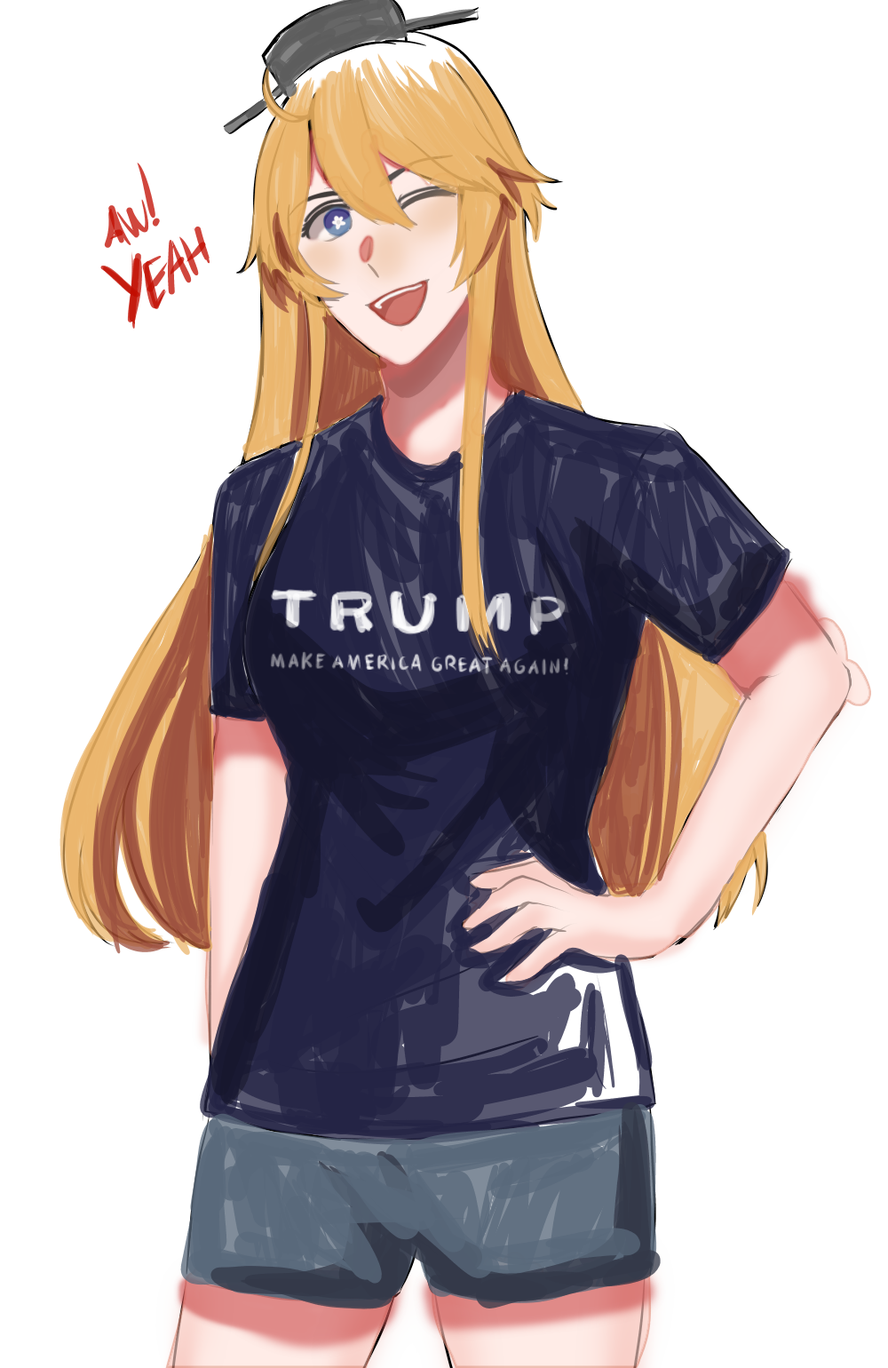 1girl ahoge alternate_costume bangs blonde_hair blue_eyes blue_shirt blush breasts clothes_writing english_text hair_between_eyes hand_on_hip headgear highres iowa_(kancolle) kantai_collection long_hair make_america_great_again noeruka one_eye_closed open_mouth shirt short_sleeves shorts sidelocks simple_background solo star-shaped_pupils star_(symbol) symbol-shaped_pupils t-shirt white_background
