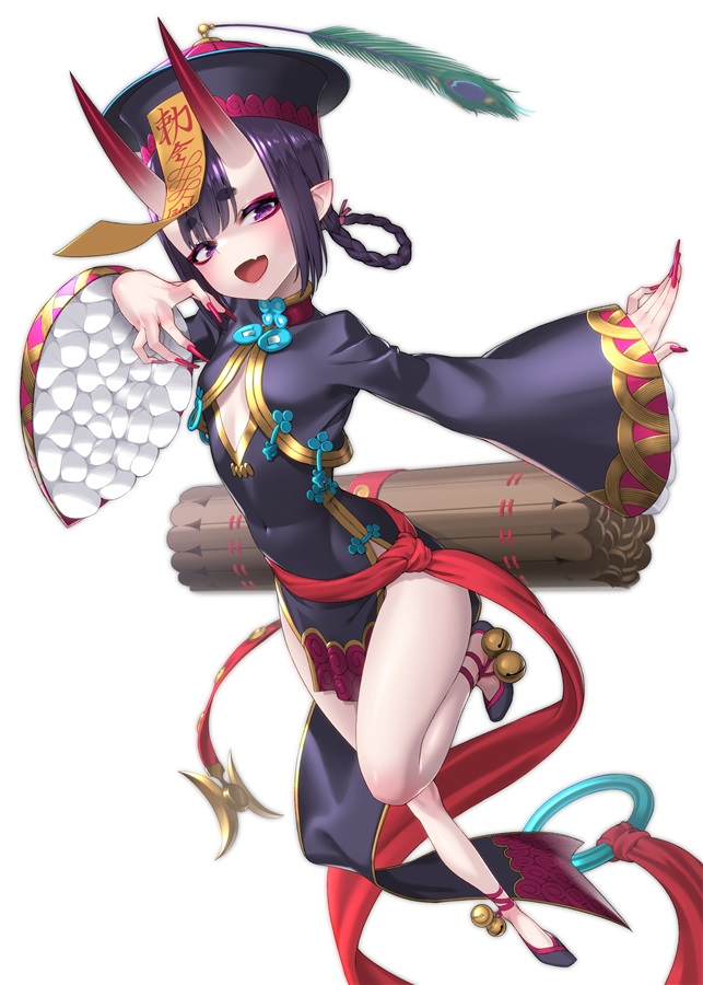1girl :d bangs black_dress black_headwear blush bob_cut braid china_dress chinese_clothes cleavage_cutout clothing_cutout dress eyeliner fang fate/grand_order fate_(series) flat_chest frills hair_rings hat heroic_spirit_festival_outfit horns jiangshi long_sleeves looking_at_viewer makeup ofuda oni oni_horns open_mouth peacock_feathers pelvic_curtain pointy_ears purple_eyes purple_hair qing_guanmao saruchitan short_hair shuten_douji_(fate) skin-covered_horns skin_fang smile solo talisman thighs twin_braids wide_sleeves