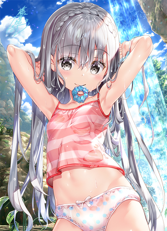 1girl armpits arms_up bangs bare_arms bare_shoulders blue_scrunchie bow bow_panties braid breasts camisole commentary_request crown_braid day eyebrows_visible_through_hair fujima_takuya grey_eyes grey_hair hair_between_eyes hair_ornament hair_scrunchie hair_tie_in_mouth long_hair looking_at_viewer mouth_hold navel original outdoors panties polka_dot polka_dot_panties scrunchie small_breasts solo standing striped_camisole underwear underwear_only very_long_hair water waterfall wet wet_clothes white_panties