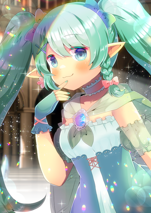 1girl :3 bangs blue_bow blue_eyes blurry blurry_background blush bow braid breasts cape closed_mouth depth_of_field dress eyebrows_visible_through_hair finger_to_mouth fingerless_gloves gloves green_cape green_gloves green_hair green_nails hair_between_eyes hair_bow hand_up indie_virtual_youtuber kouu_hiyoyo long_hair nail_polish pastel_chrome pink_bow pointy_ears see-through side_braid single_braid small_breasts smile solo strapless strapless_dress twintails very_long_hair virtual_youtuber white_dress