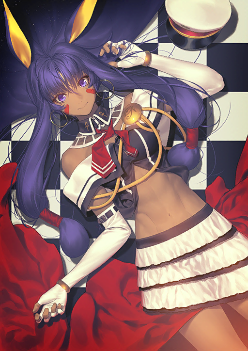 1girl animal_ears bangle bracelet closed_mouth earrings elbow_gloves facial_mark fate/grand_order fate_(series) fingerless_gloves gloves hat hat_removed headwear_removed hoop_earrings jackal_ears jewelry layered_skirt long_hair looking_at_viewer lostroom_outfit_(fate) low-tied_long_hair lying medjed_(fate) midriff navel necktie nitocris_(fate) official_alternate_costume official_art on_back peaked_cap purple_eyes purple_hair red_neckwear shima_udon skirt smile solo thighhighs white_gloves white_skirt