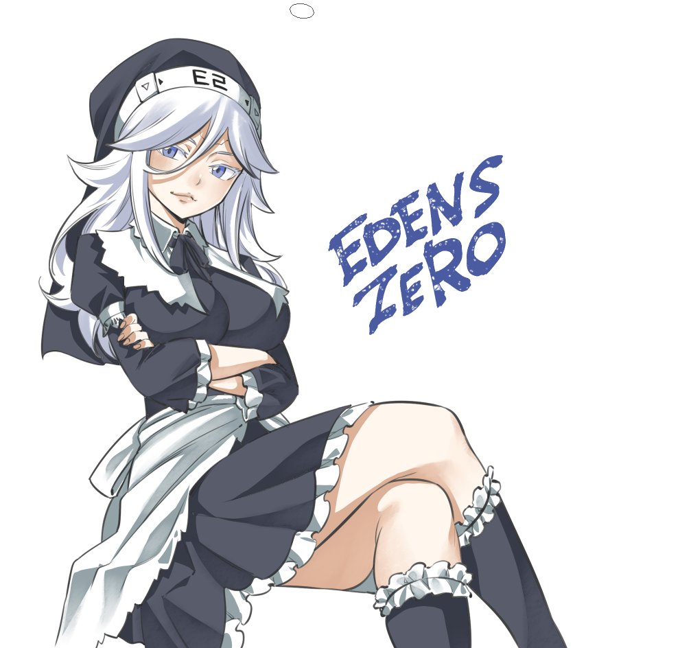 1girl blue_eyes breasts copyright_name crossed_arms eden's_zero feet_out_of_frame frills habit hair_between_eyes kneehighs large_breasts long_hair looking_at_viewer mashima_hiro nun official_art simple_background sister_ivry sitting solo white_background white_hair
