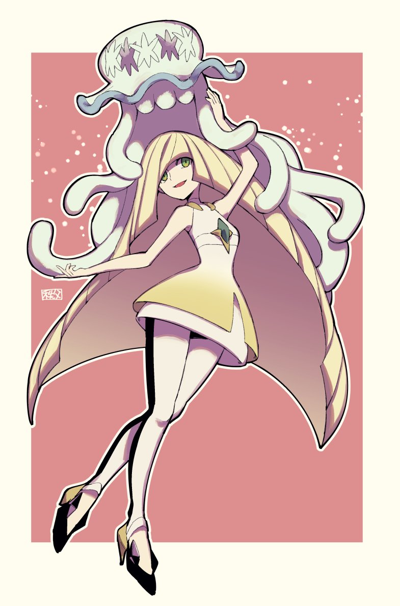 1girl blonde_hair chichibu_(chichichibu) diamond_(shape) dress emerald_(gemstone) gen_7_pokemon green_eyes hair_over_one_eye high_heels leggings long_hair lusamine_(pokemon) nihilego pokemon short_dress sleeveless sleeveless_dress two-tone_legwear ultra_beast very_long_hair white_dress white_legwear