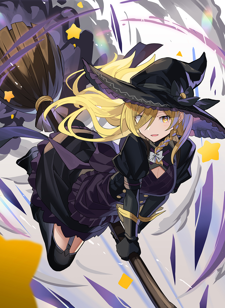 1girl alternate_costume black_gloves black_headwear black_legwear blonde_hair bow braid breasts broom broom_riding cleavage cleavage_cutout clothing_cutout commentary_request eyebrows_visible_through_hair eyes_visible_through_hair garter_straps gloves hair_bow hat highres kirisame_marisa long_hair looking_at_viewer medium_breasts rin_falcon single_braid solo star_(symbol) thighhighs touhou white_bow witch_hat yellow_eyes