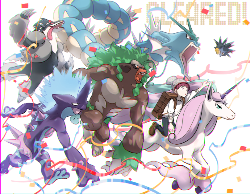 1boy alternate_costume arm_up backpack bag bangs beanie black_pants brown_bag brown_footwear commentary_request confetti dynamax_band galarian_form galarian_rapidash gen_1_pokemon gen_8_pokemon grey_headwear gyarados hat looking_up male_focus obstagoon ohhhhhhtsu pants pincurchin pokemon pokemon_(creature) pokemon_(game) pokemon_swsh riding riding_pokemon rillaboom shoes short_hair sweater toxtricity toxtricity_(low_key) victor_(pokemon) white_background white_sweater