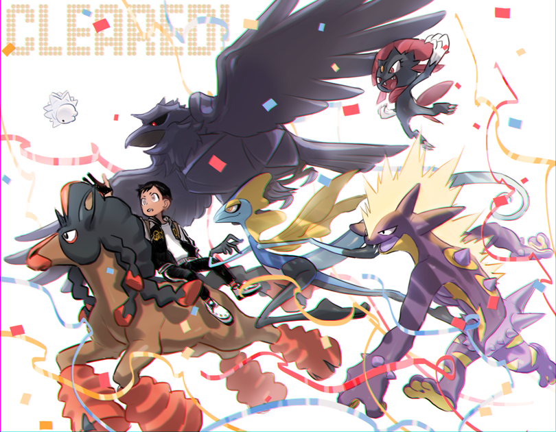 1boy alternate_costume arm_up bangs black_pants commentary_request confetti corviknight gen_4_pokemon gen_7_pokemon gen_8_pokemon gloves inteleon jacket looking_up male_focus mudsdale ohhhhhhtsu open_clothes open_jacket pants partially_fingerless_gloves pokemon pokemon_(creature) pokemon_(game) pokemon_swsh riding riding_pokemon running shiny shoes sitting sitting_sideways snom toxtricity toxtricity_(amped) victor_(pokemon) weavile white_background white_footwear