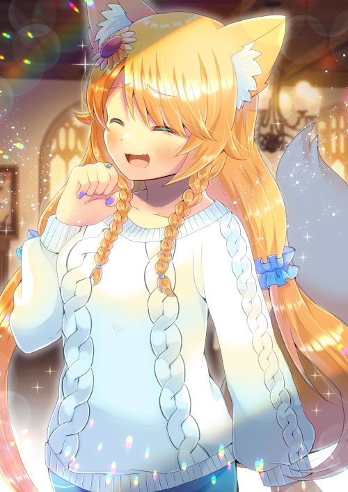 1girl :d ^_^ animal_ear_fluff animal_ears aran_sweater bangs blonde_hair blurry blurry_background blush breasts closed_eyes collarbone commentary_request depth_of_field eyebrows_visible_through_hair fang flower fox_ears fox_girl fox_tail hair_flower hair_ornament hand_up indoors jewelry kouu_hiyoyo long_hair long_sleeves nail_polish open_mouth original purple_nails ring small_breasts smile solo sunflower sunflower_hair_ornament sweater tail very_long_hair white_sweater yellow_flower