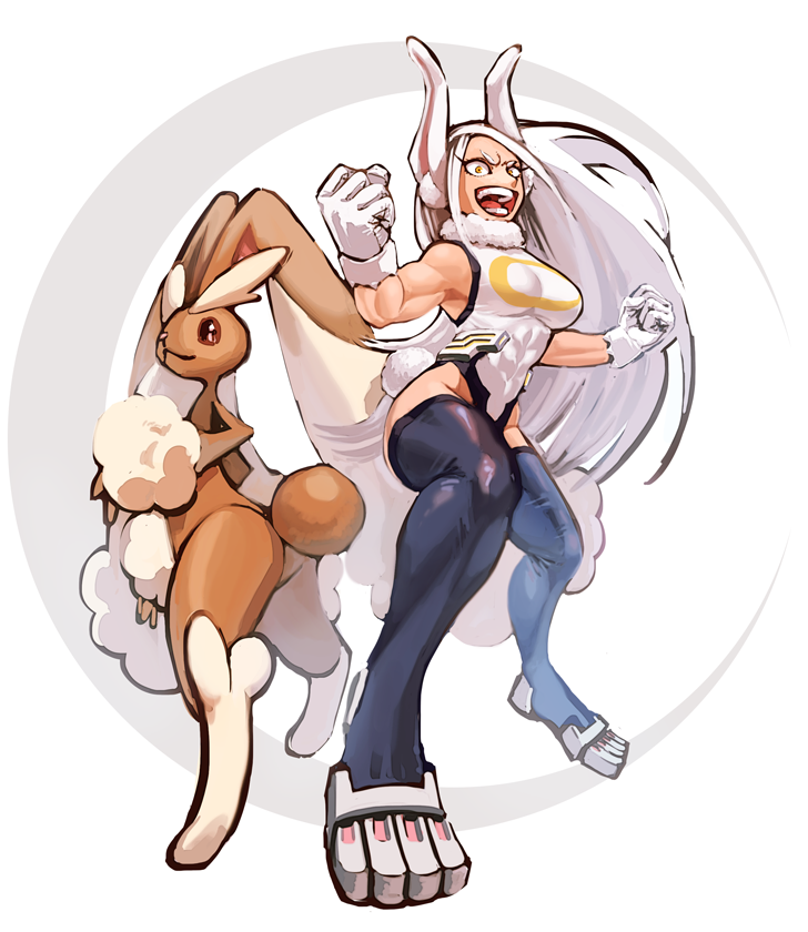 1girl :d animal_ears bare_arms black_legwear boku_no_hero_academia breasts clenched_hands commentary_request covered_abs crossover eyelashes from_below gen_4_pokemon gloves hands_up knees legs_apart leotard long_hair lopunny mirko ohhhhhhtsu open_mouth pokemon pokemon_(creature) smile standing teeth thighhighs toes tongue white_gloves white_hair yellow_eyes