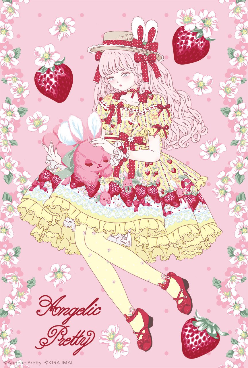ad angelic_pretty animal_ears bangs blunt_bangs boater_hat bow bunny bunny_ears copyright_name dress fashion flower food food-themed_hair_ornament food_print frilled_dress frilled_skirt frills fruit grey_eyes hair_bow hair_ornament hat highres kira_imai lace leggings lolita_fashion patterned_clothing pink_background pink_hair postcard print_legwear real_life red_bow red_footwear skirt strawberry strawberry_blossoms strawberry_hair_ornament strawberry_print stuffed_animal stuffed_bunny stuffed_toy yellow_dress yellow_legwear