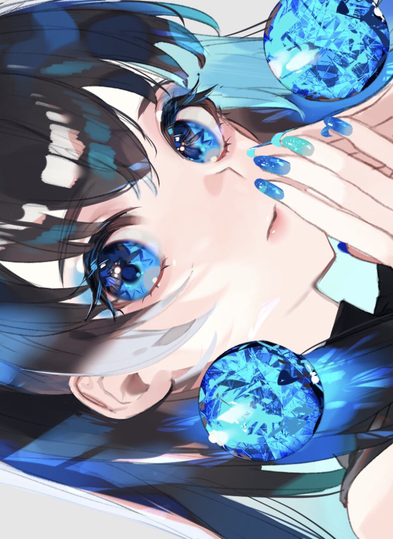 1girl black_hair blue_eyes blue_nails close-up fingers_together gem light_rays looking_at_viewer original painted refraction sapphire_(gemstone) solo zumi_(neronero126)
