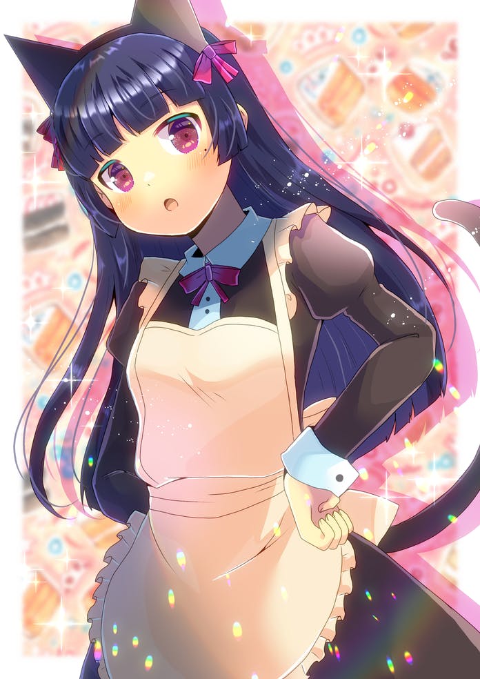 1girl animal_ears apron black_dress black_hair blush cat_ears cat_tail collar dress frilled_apron frills gokou_ruri hair_ribbon hand_on_hip hime_cut kouu_hiyoyo long_hair looking_at_viewer maid mole mole_under_eye ore_no_imouto_ga_konna_ni_kawaii_wake_ga_nai red_eyes ribbon ribbon-trimmed_collar ribbon_trim solo tail white_collar