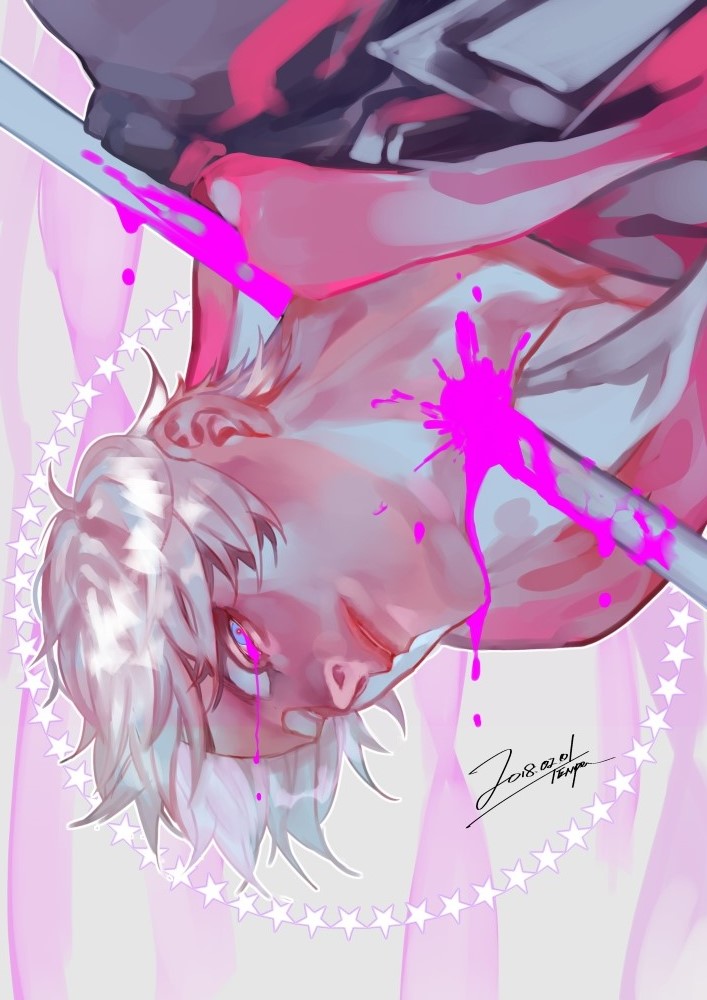 1boy artist_name blood blood_splatter bloody_tears blue_eyes coat dated devil_may_cry_(series) devil_may_cry_4 dmc_pa dripping guro hood hood_down impaled injury male_focus nero_(devil_may_cry) parted_lips pink_blood short_hair signature simple_background solo upside-down white_background white_hair