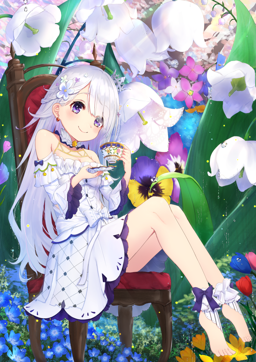 1girl ankle_ribbon bangs bare_legs bare_shoulders barefoot blush chair cherry_blossoms commentary_request crown cup detached_collar detached_sleeves dress earrings eyebrows_visible_through_hair fantasy flower flower_request frilled_dress frilled_sleeves frills full_body hair_braid hair_flower hair_ornament highres holding holding_cup jewelry leaf light_rays long_hair looking_at_viewer mini_crown nature omelet_tomato original purple_eyes ribbon scenery silver_hair sitting sleeveless sleeveless_dress smile solo sun_beam teacup tilted_headwear tree very_long_hair water_drop white_dress wide_sleeves