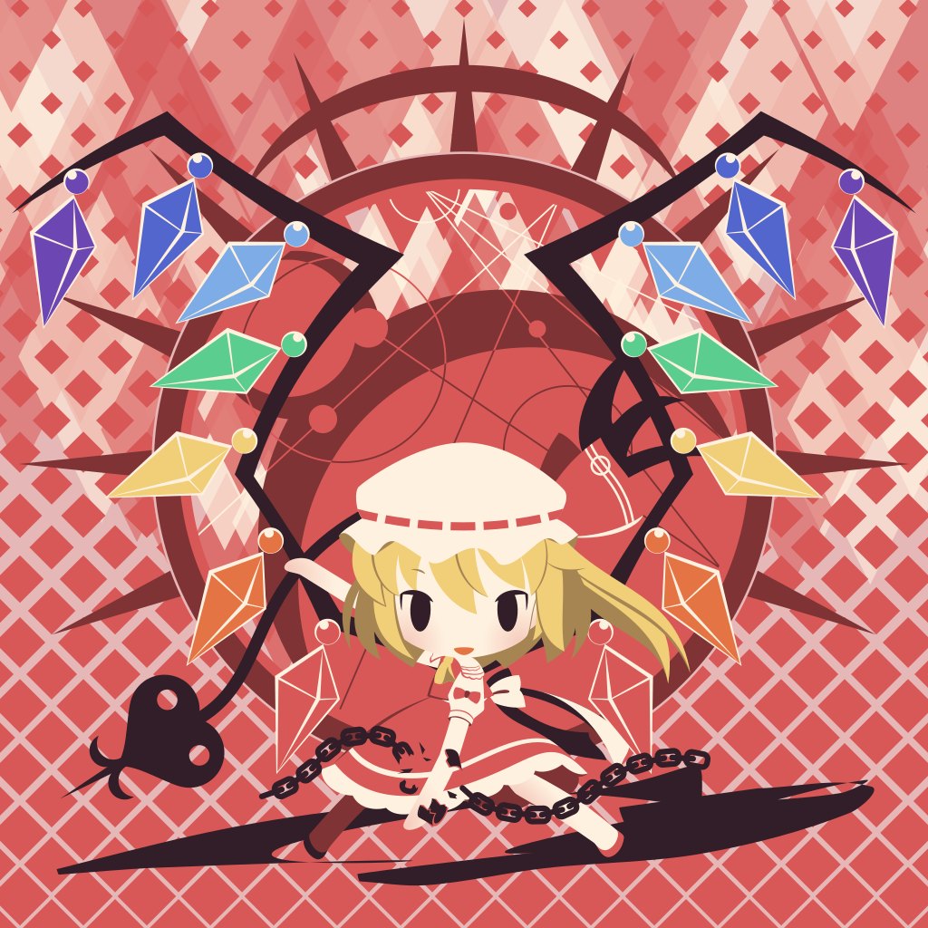 1girl back_bow black_eyes blonde_hair bow broken broken_chain chain chibi cobalta crystal cuffs eyebrows_visible_through_hair flandre_scarlet frilled_skirt frills hat hat_bow laevatein legs_apart mob_cap one_side_up open_mouth puffy_short_sleeves puffy_sleeves red_bow red_footwear red_skirt red_vest shackles shirt short_hair short_sleeves skirt skirt_set solid_oval_eyes touhou vest white_shirt wings yellow_neckwear
