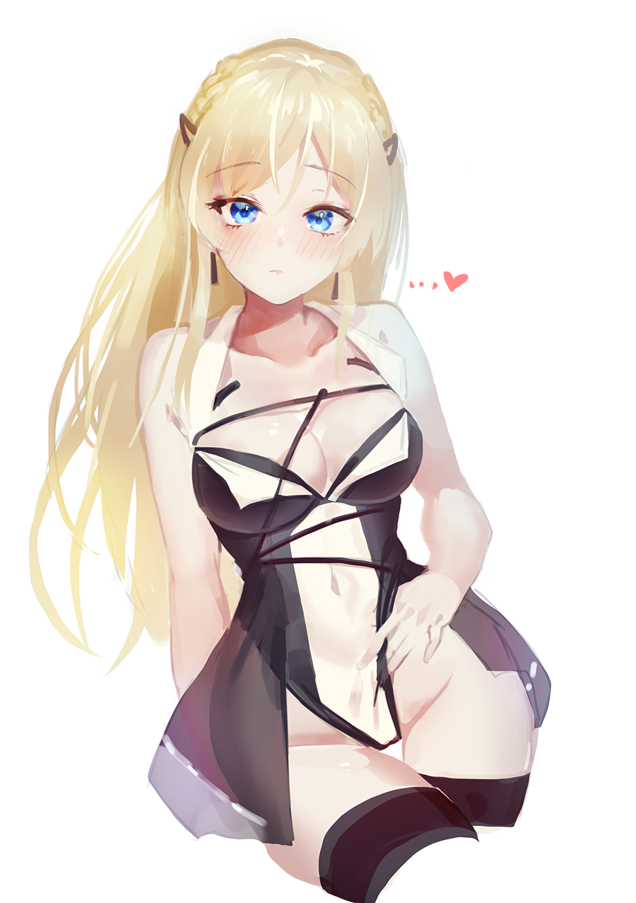 1girl alternate_costume bangs blonde_hair blue_eyes blush braid breasts cleavage closed_mouth collarbone dano earrings eyebrows_visible_through_hair french_braid girls'_frontline heart heart_print highres jewelry k5_(girls'_frontline) long_hair looking_at_viewer medium_breasts one-hour_drawing_challenge solo thighhighs white_background