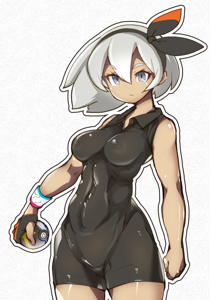 1girl arm_at_side bea_(pokemon) black_bodysuit black_hairband bodysuit bow_hairband breasts closed_mouth covered_nipples cowboy_shot dynamax_band expressionless gloves grey_hair gym_leader hair_between_eyes hairband hiro_(h-net) looking_at_viewer medium_breasts medium_hair outline outstretched_arms pokemon pokemon_(game) pokemon_swsh short_sleeves silver_eyes single_glove solo tan wing_collar