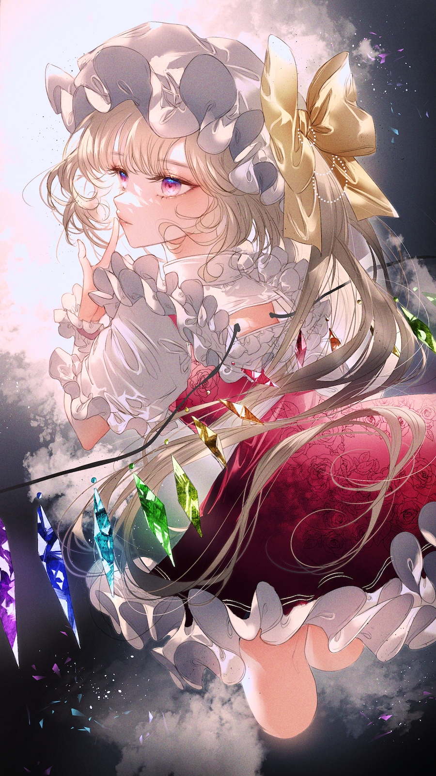 1girl backlighting bangs bloom blunt_bangs bow cloud commentary_request crystal dark_background dress eyebrows_visible_through_hair finger_to_mouth flandre_scarlet floral_print frills from_behind hair_bow hand_up hat heart heart-shaped_pupils highres lips looking_ahead looking_to_the_side majamari mob_cap one_side_up outdoors petticoat pink_eyes profile puffy_short_sleeves puffy_sleeves red_dress reflection short_hair short_sleeves solo symbol-shaped_pupils touhou wading water white_headwear wings wrist_cuffs yellow_bow