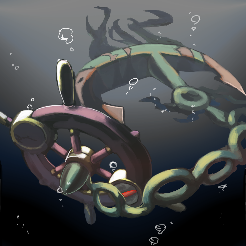 air_bubble anchor bubble chain commentary_request dhelmise gen_7_pokemon half-closed_eye kym no_humans pokemon pokemon_(creature) red_eyes ship's_wheel solo underwater