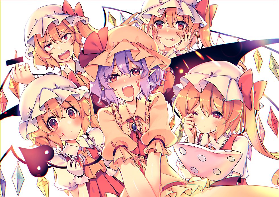 5girls :/ :o :p ascot bangs bar_censor bat_wings blonde_hair blood blood_on_face bloody_clothes blue_hair blush bow brooch censored censored_gesture chromatic_aberration commentary constricted_pupils crystal dress eyebrows_visible_through_hair eyes_visible_through_hair fangs flandre_scarlet four_of_a_kind_(touhou) frilled_shirt_collar frills gloves hair_between_eyes hand_up hands_on_own_face hands_up hat hat_bow hat_ribbon heart heart-shaped_pupils holding holding_pillow jewelry kirero laevatein lens_flare light_purple_hair long_hair looking_at_viewer middle_finger mob_cap multiple_girls multiple_persona nose_blush one_eye_closed one_side_up open_mouth pillow pillow_hug pink_dress pink_headwear pointless_censoring pointy_ears polka_dot polka_dot_pillow puffy_short_sleeves puffy_sleeves red_bow red_eyes red_neckwear red_ribbon red_vest remilia_scarlet ribbon rubbing_eyes shirt short_hair short_sleeves siblings side_ponytail simple_background sisters skirt skirt_set smile symbol-shaped_pupils tongue tongue_out touhou upper_body v-shaped_eyebrows v_arms vest white_background white_gloves white_headwear white_shirt wide-eyed wings wrist_cuffs yellow_neckwear