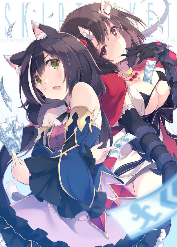 2girls amulet animal_ears bangs black_gloves black_hair breasts cat_ears cat_girl cleavage dress elbow_gloves eriko_(princess_connect!) eyebrows_behind_hair gloves green_eyes hair_between_eyes holding horns itoichi. jewelry karyl_(princess_connect!) long_hair looking_at_viewer multiple_girls neck_brace necklace open_mouth princess_connect! red_eyes short_hair sleeveless sleeveless_dress smile underwear white_background