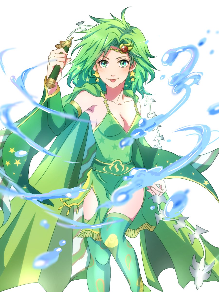 1girl :p breasts detached_sleeves earrings final_fantasy final_fantasy_iv green_eyes green_hair hair_ornament highres jewelry long_hair looking_at_viewer older rydia sa_kichi smile solo thighhighs tongue tongue_out weapon white_background