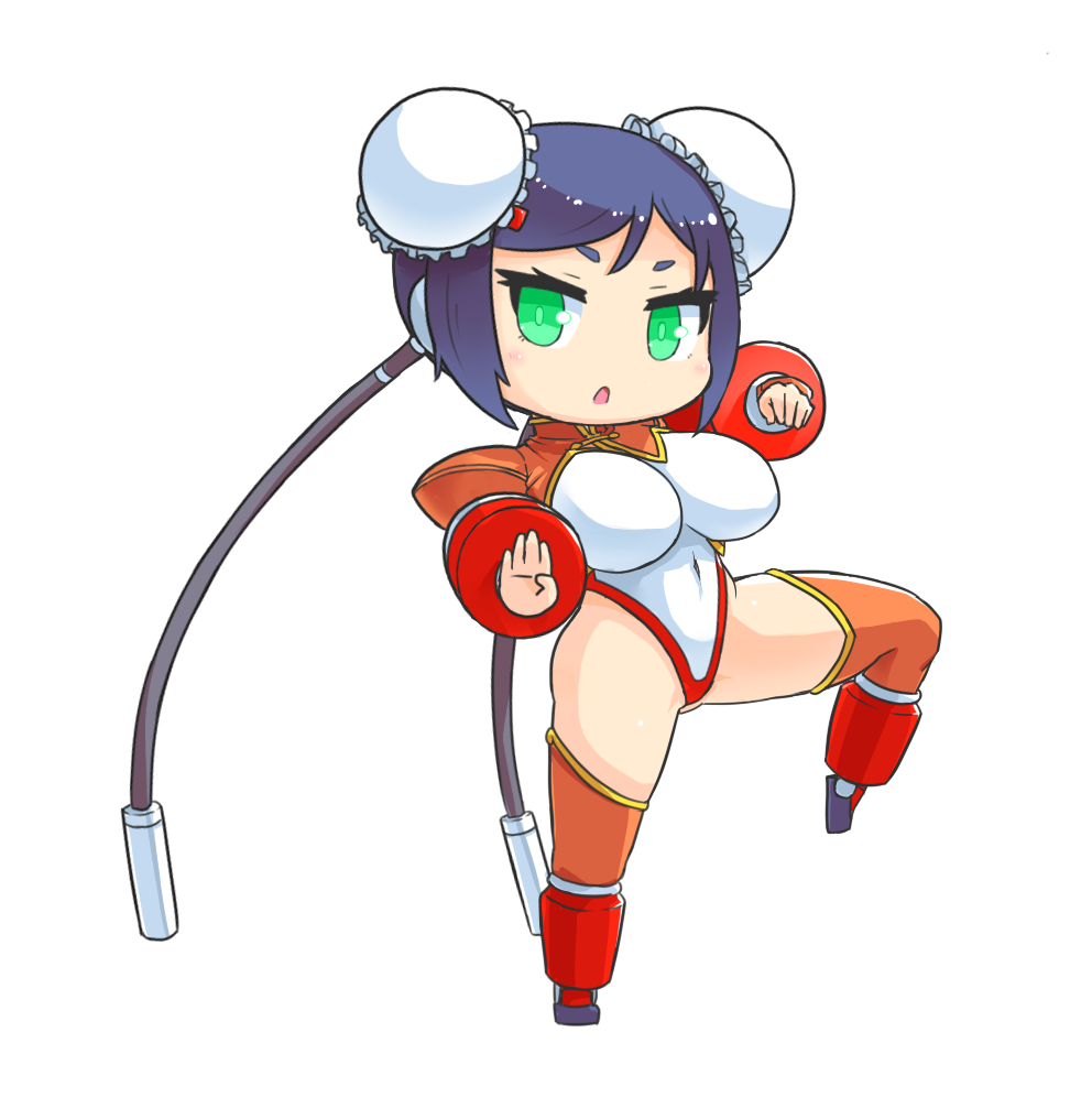 1girl arcana_heart bangs black_footwear blue_hair breasts bun_cover chibi clenched_hand eyebrows_visible_through_hair fighting_stance full_body green_eyes large_breasts leotard looking_at_viewer mei-fang navel open_mouth pecka short_hair shrug_(clothing) simple_background solo standing standing_on_one_leg white_background