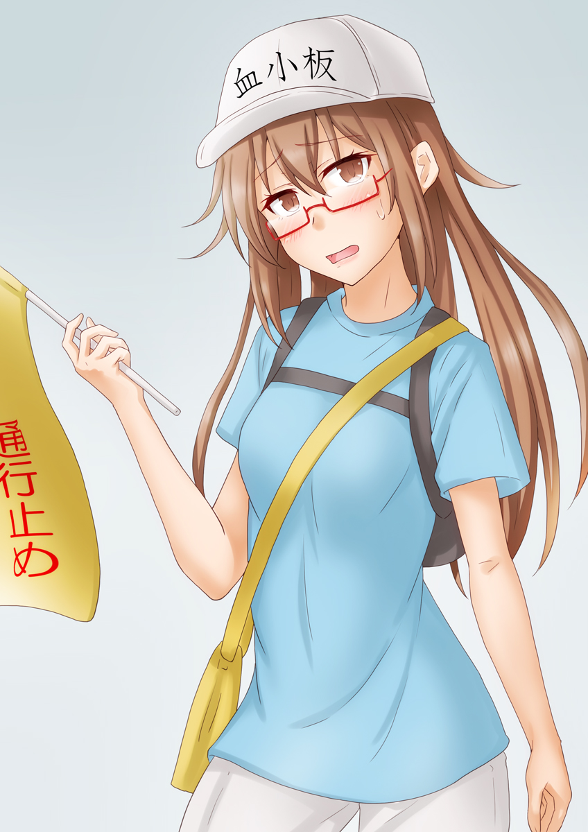 1girl anti_(untea9) bag baseball_cap blue_shirt brown_eyes brown_hair clothes_writing commentary_request cosplay cowboy_shot flag glasses gradient gradient_background grey_background hat hataraku_saibou headwear_writing highres kantai_collection long_hair look-alike looking_at_viewer messenger_bag mochizuki_(kancolle) platelet_(hataraku_saibou) platelet_(hataraku_saibou)_(cosplay) red-framed_eyewear shirt shorts shoulder_bag solo translation_request white_headwear white_shorts