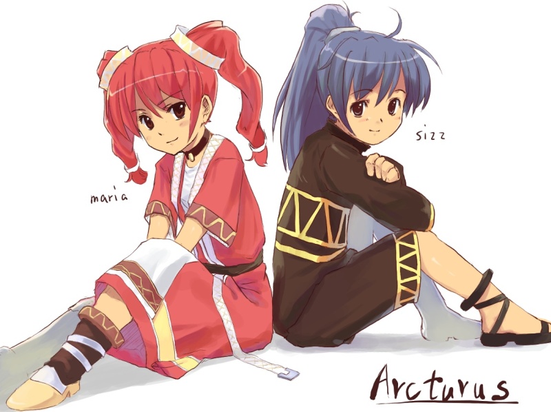 1boy 1girl arcturus bangs blue_hair brown_eyes brown_footwear brown_shirt brown_shorts character_name choker closed_mouth commentary_request dress eyebrows_visible_through_hair full_body hair_between_eyes ikko looking_at_viewer maria_(arcturus) medium_hair pink_dress pink_hair ponytail ragnarok_online sandals shirt short_twintails shorts simple_background sitting sizz_(arcturus) smile twintails white_background white_shirt