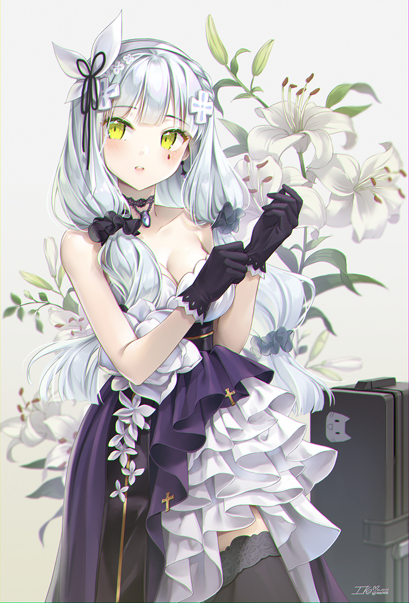 1girl artist_name asymmetrical_clothes bangs bare_shoulders black_gloves black_legwear black_ribbon black_scrunchie breasts briefcase choker cleavage collarbone cowboy_shot dress eyebrows_visible_through_hair facial_mark floral_background frilled_legwear girls'_frontline glance glove_pull gloves gradient gradient_background hair_ornament hair_ribbon hair_scrunchie highres hk416_(girls'_frontline) ika_(4801055) jewelry light_blue_hair long_hair looking_to_the_side parted_lips pendant ribbon scrunchie solo strapless strapless_dress thighhighs two-tone_dress yellow_eyes