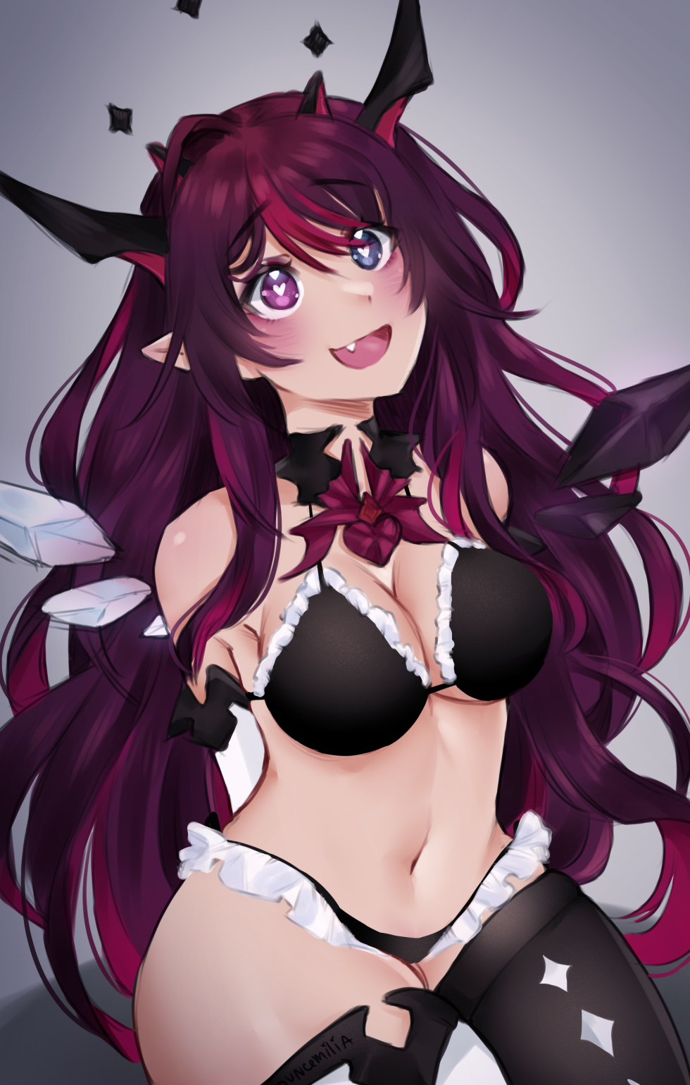 1girl black_bra black_panties blue_eyes bra breasts bright_pupils cleavage detached_wings eyebrows_visible_through_hair fang frilled_panties frilled_shirt frills heart heart-shaped_pupils heterochromia highres hololive hololive_english irys_(hololive) long_hair looking_up medium_breasts navel open_mouth ouncemilia panties purple_eyes purple_hair shirt single_legging single_thighhigh smile solo symbol-shaped_pupils thighhighs underwear very_long_hair virtual_youtuber white_pupils wings