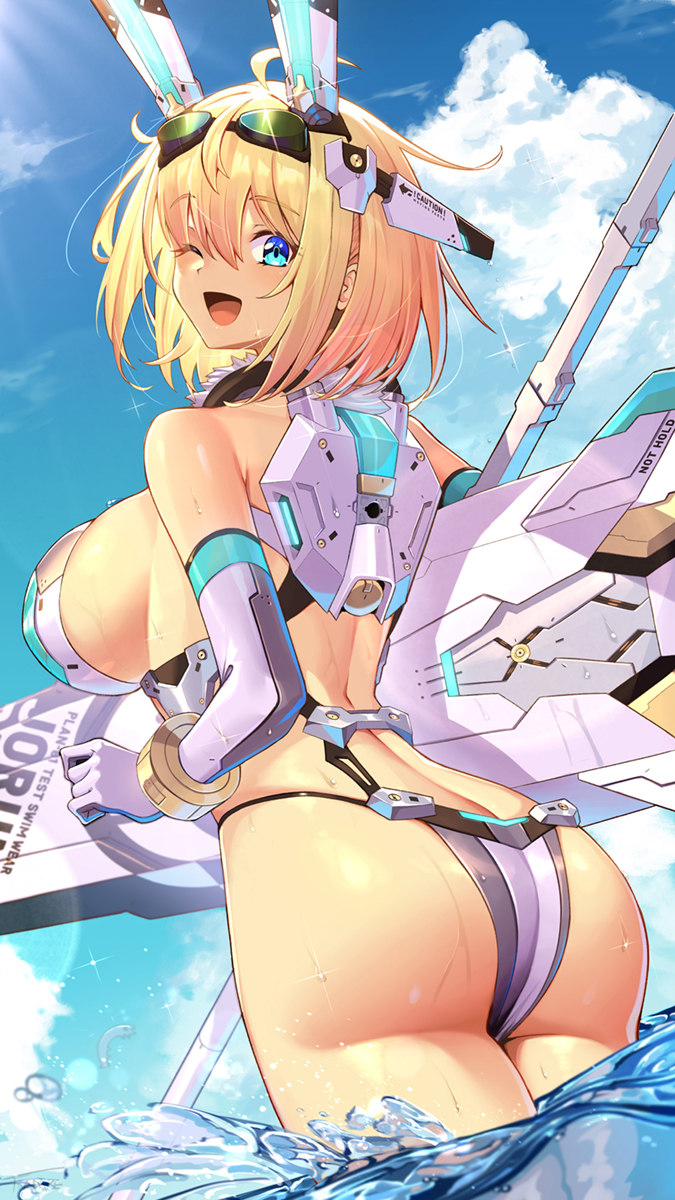 1girl ;d ahoge armor ass back bare_shoulders bikini_armor blonde_hair blue_eyes blue_sky blush bracelet breasts cloud cowboy_shot day elbow_gloves from_behind gloves goggles goggles_on_head headgear highres huge_weapon jewelry large_breasts looking_at_viewer looking_back mechanical_ears nadare-san_(nadare3nwm) one_eye_closed open_mouth original outdoors short_hair sideboob sky smile solo sparkle wading water weapon white_gloves