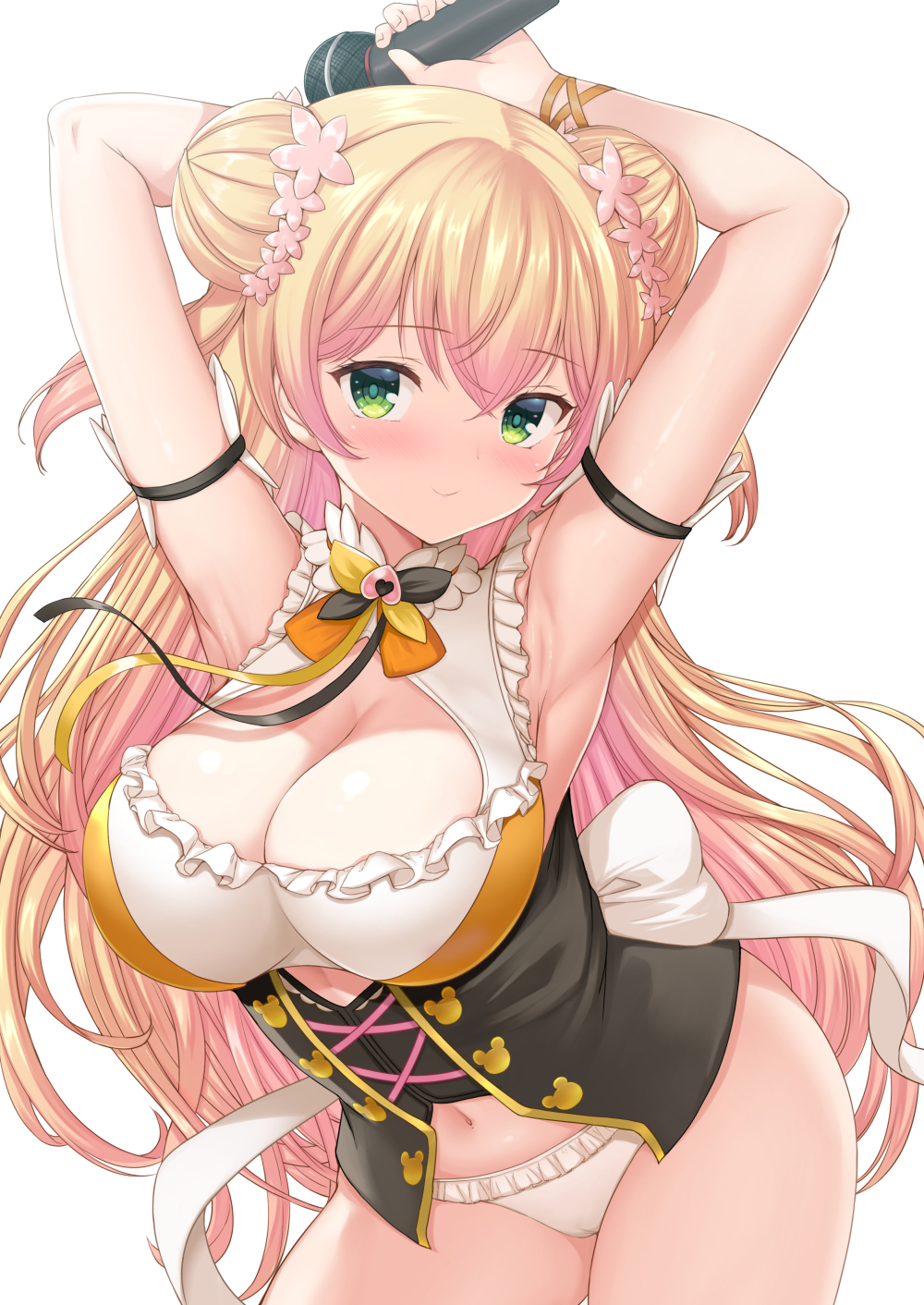 1girl akino_hamo arm_strap armpits arms_up bangs black_neckwear blonde_hair blush bow breasts cleavage cleavage_cutout closed_mouth clothing_cutout commentary_request contrapposto corset cowboy_shot double_bun eyebrows_visible_through_hair flower frilled_panties frills gradient_hair green_eyes hair_between_eyes hair_flower hair_ornament highres holding holding_microphone hololive large_breasts leaning_forward long_hair looking_at_viewer microphone momosuzu_nene multicolored_hair multicolored_neckwear navel orange_neckwear panties pink_hair ribbon shiny shiny_hair sidelocks simple_background sleeveless smile solo standing two_side_up underwear white_background white_bow white_panties wrist_ribbon yellow_neckwear