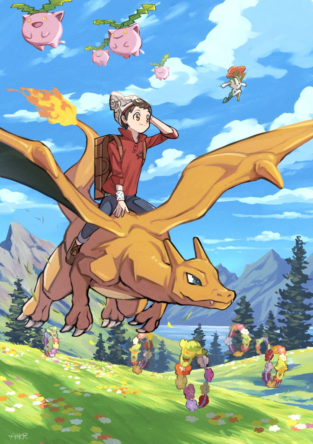 1boy amakara000 beanie brown_eyes brown_footwear brown_hair cable_knit charizard closed_mouth cloud comfey day dynamax_band fire flame floette floette_(red) flower gen_1_pokemon gen_2_pokemon gen_6_pokemon gen_7_pokemon grass grey_headwear grey_pants hat highres hoppip leaves_in_wind male_focus mountain outdoors pants pokemon pokemon_(creature) pokemon_(game) pokemon_swsh red_shirt riding riding_pokemon shirt shoes signature sky sleeves_rolled_up smile suitcase tree victor_(pokemon)