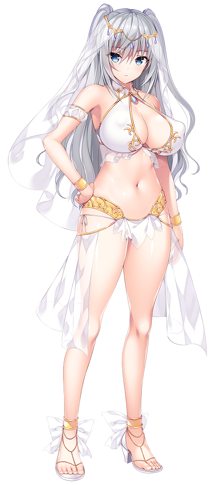 1girl asami_asami bangs blue_eyes bracelet breasts covered_nipples full_body gold_trim hand_on_hip harem_outfit huge_breasts jewelry long_hair navel official_art okayu_seira photoshop_(medium) role_player:_okayu_shimai_no_nenmaku_potrait_-_gurigucha_live! sandals solo tachi-e thighhighs transparent_background two_side_up veil white_hair