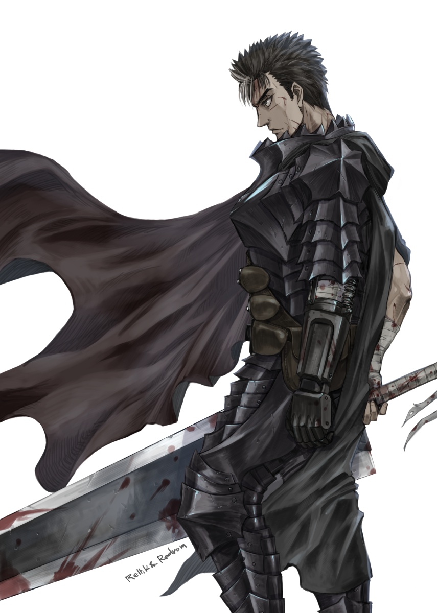 1boy armor bandages berserk black_armor black_hair blood bloody_weapon cape commentary_request from_side guts_(berserk) highres holding holding_sword holding_weapon jun_(rellik_&amp;_redrum) long_sword looking_afar male_focus mechanical_arms multicolored_hair signature simple_background single_mechanical_arm solo standing streaked_hair sword weapon white_background