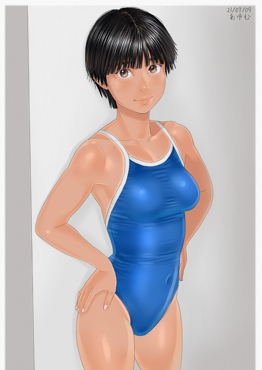 1girl black_hair blue_swimsuit breasts brown_eyes collarbone commentary_request competition_school_swimsuit covered_navel cowboy_shot dated hands_on_hips highres lips looking_at_viewer medium_breasts original school_swimsuit short_hair smile solo swimsuit tan tanlines twitter_username zenkou