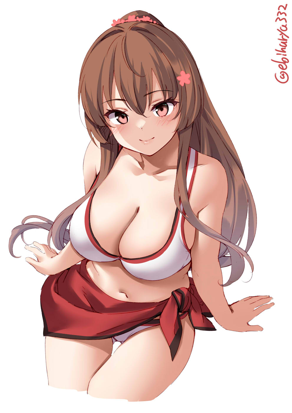 1girl bikini bikini_bottom bikini_top black_stripes blush breasts brown_eyes brown_hair cherry_blossoms cleavage collarbone cowboy_shot ebifurya flower hair_flower hair_ornament hand_on_floor highres kantai_collection large_breasts lips long_hair navel ponytail red_sarong red_stripes sarong smile stomach swimsuit twitter_username two-tone_bikini white_background white_bikini yamato_(kancolle)