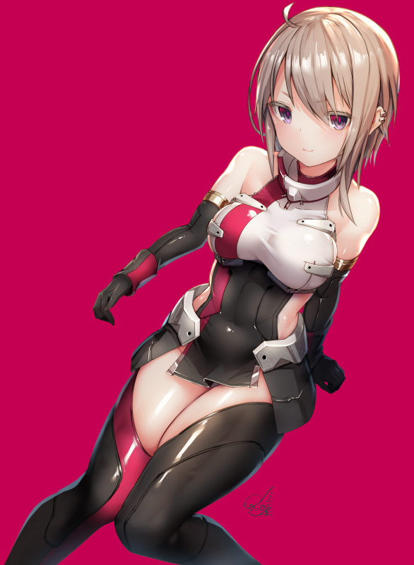 1girl ahoge alice_gear_aegis arm_support armor bangs bare_shoulders black_gloves black_legwear breasts brown_hair closed_mouth covered_collarbone covered_navel doyouwantto ear_piercing elbow_gloves eyebrows_visible_through_hair faulds from_above gloves hair_between_eyes knees_together_feet_apart looking_at_viewer medium_breasts medium_hair murao_mira piercing purple_eyes red_background red_legwear red_pupils shiny shiny_clothes shiny_hair shiny_skin sidelocks signature simple_background smile solo swept_bangs taut_clothes thighhighs