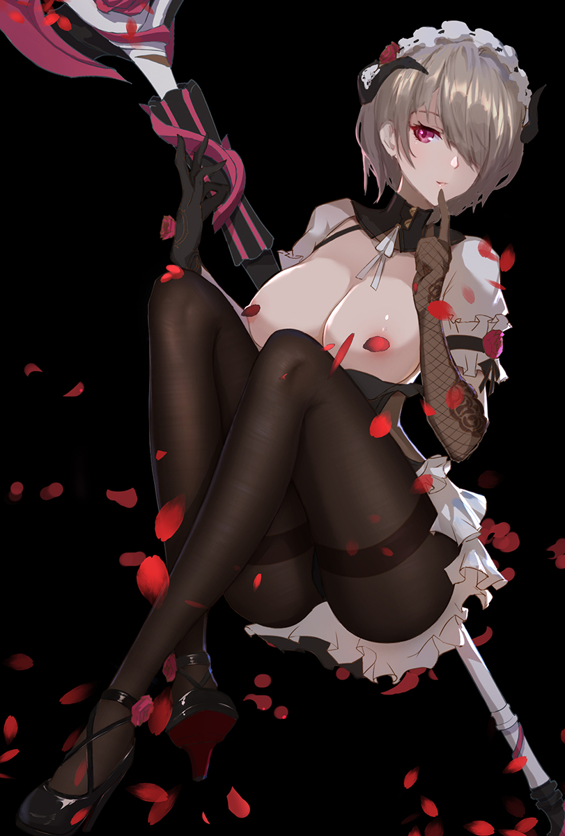 1girl bangs black_background breasts breasts_outside brown_gloves brown_hair brown_legwear censored closed_mouth elbow_gloves fishnets full_body gloves hair_over_one_eye highres holding holding_weapon honkai_(series) honkai_impact_3rd index_finger_raised leggings looking_at_viewer maid maid_headdress mole mole_under_eye nipple_censor on_floor petals purple_eyes rita_rossweisse rita_rossweisse_(umbral_rose) scythe short_hair short_sleeves sitting smile solo taichi_(yirkorn) teeth weapon