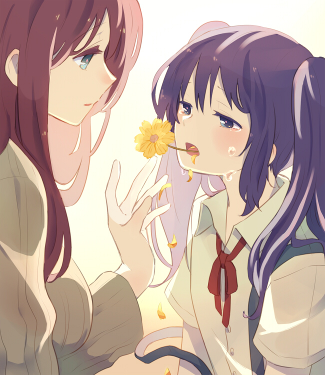 2girls backlighting blue_eyes brown_sweater collared_shirt commentary_request crying crying_with_eyes_open falling_petals flower flower_in_mouth from_side hanahaki_disease long_hair long_sleeves looking_at_viewer multiple_girls neck_ribbon open_mouth original parted_lips petals profile purple_hair red_hair red_neckwear ribbon shirt short_sleeves skirt sou_(tuhut) suspender_skirt suspenders sweater tears twintails upper_body white_shirt yellow_background yellow_flower yuri