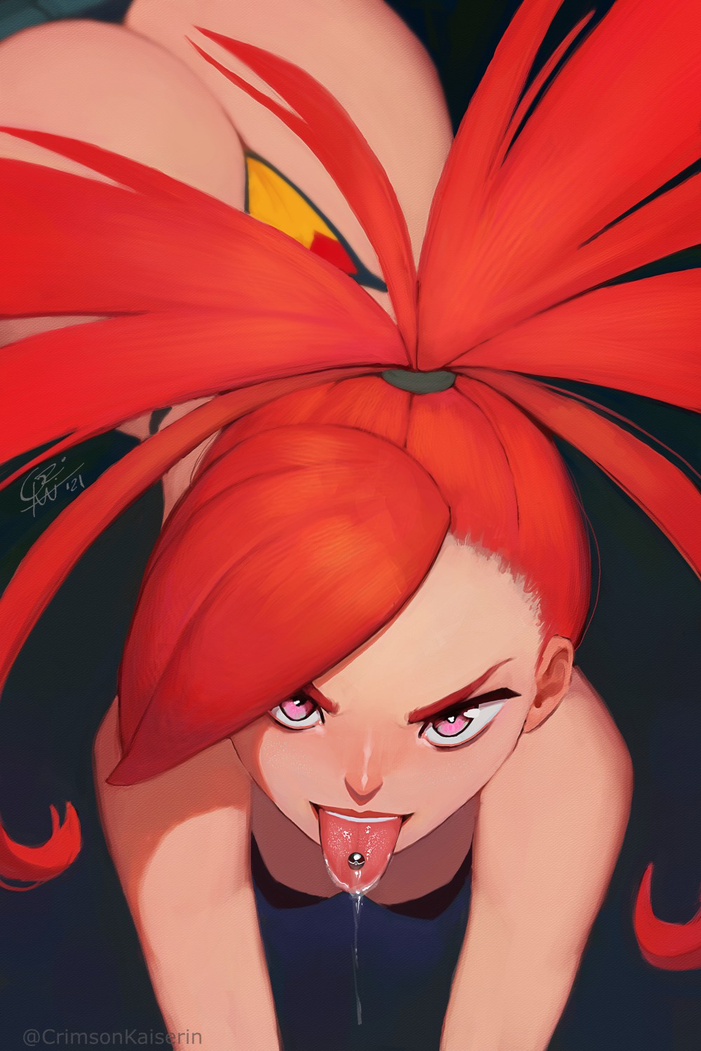 1girl all_fours ass blurry blurry_background breasts cleavage crimson_kaiserin drooling flannery_(pokemon) hair_tie highres looking_at_viewer open_mouth piercing pink_eyes pokemon pokemon_(game) pokemon_rse red_hair saliva solo thong tongue tongue_out tongue_piercing