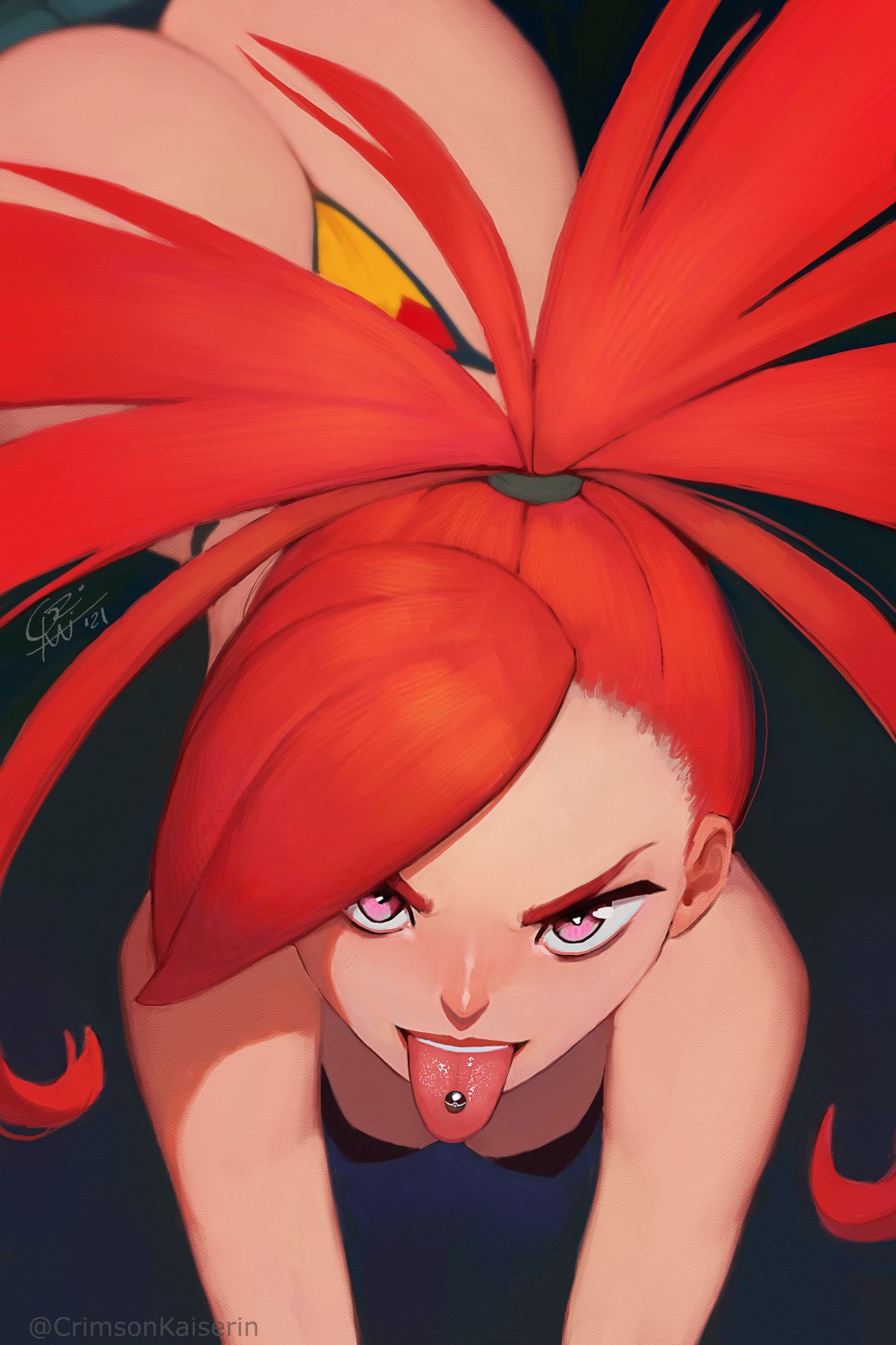 1girl all_fours ass blurry blurry_background breasts cleavage crimson_kaiserin flannery_(pokemon) hair_tie highres looking_at_viewer open_mouth piercing pink_eyes pokemon pokemon_(game) pokemon_rse red_hair solo thong tongue tongue_out tongue_piercing