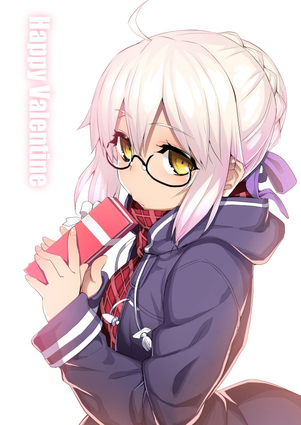 1girl ahoge artoria_pendragon_(all) black-framed_eyewear blush braid braided_bun closed_mouth fate/grand_order fate_(series) from_side gift glasses hair_ribbon holding holding_gift hood hood_down jacket long_sleeves looking_at_viewer looking_to_the_side mysterious_heroine_x_(alter)_(fate) namonashi purple_ribbon ribbon ringed_eyes solo yellow_eyes
