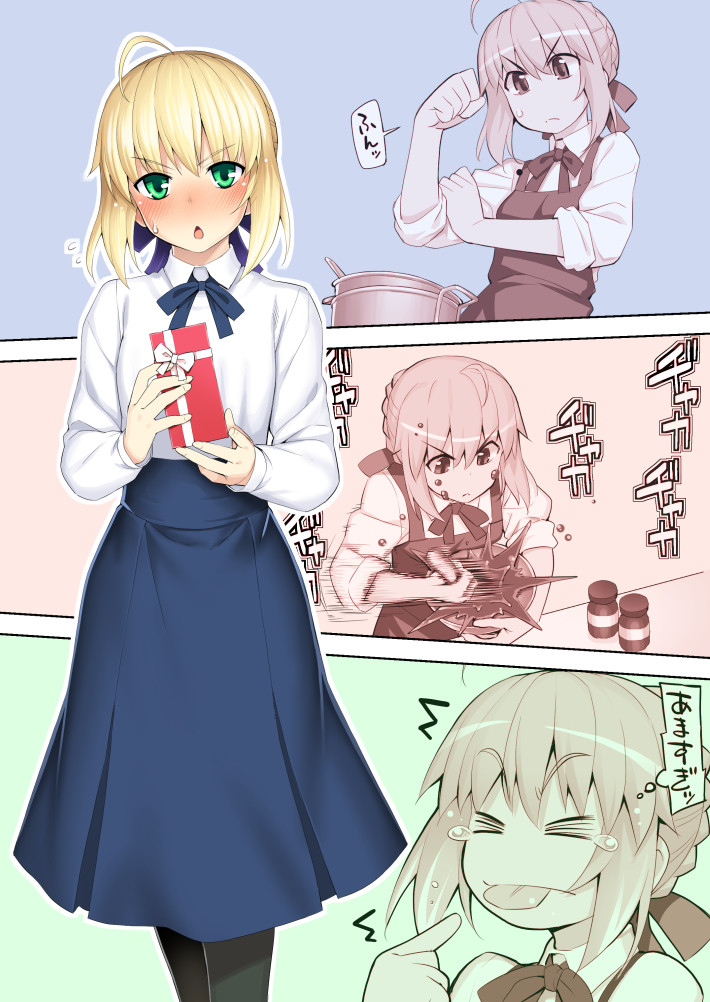 &gt;_&lt; 1girl :p ahoge artoria_pendragon_(all) black_legwear blonde_hair blue_skirt blush bowl chocolate closed_mouth cooking dress eyebrows_visible_through_hair fate/stay_night fate_(series) flying_sweatdrops gift green_eyes hair_ribbon high-waist_skirt holding holding_gift long_sleeves looking_at_viewer multiple_views namonashi neck_ribbon pantyhose parted_lips pinafore_dress pot purple_ribbon ribbon saber shirt skirt tongue tongue_out v-shaped_eyebrows valentine white_shirt
