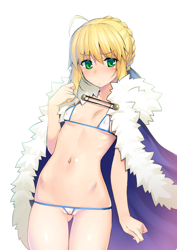 1girl ahoge artoria_pendragon_(all) ass_visible_through_thighs bikini blonde_hair blue_cape blue_ribbon blush braid braided_bun breasts cameltoe cape closed_mouth covered_nipples cowboy_shot eyebrows_visible_through_hair fate/stay_night fate_(series) fur-trimmed_cape fur_trim green_eyes hair_ribbon hand_up looking_at_viewer lowleg lowleg_bikini micro_bikini namonashi navel ribbon saber small_breasts solo standing swimsuit