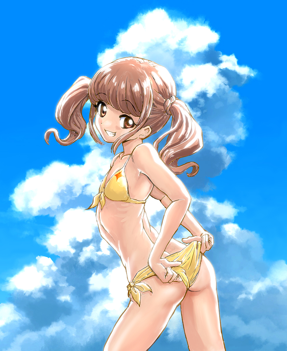 1girl adjusting_clothes adjusting_swimsuit ass bangs bikini blue_sky blunt_bangs breasts brown_eyes brown_hair cloud cloudy_sky commentary_request cowboy_shot day from_side front-tie_bikini front-tie_top grin healin'_good_precure highres hiramitsu_hinata looking_at_viewer medium_hair outdoors partial_commentary precure side-tie_bikini sky small_breasts smile solo standing swimsuit twintails unno_hotaru